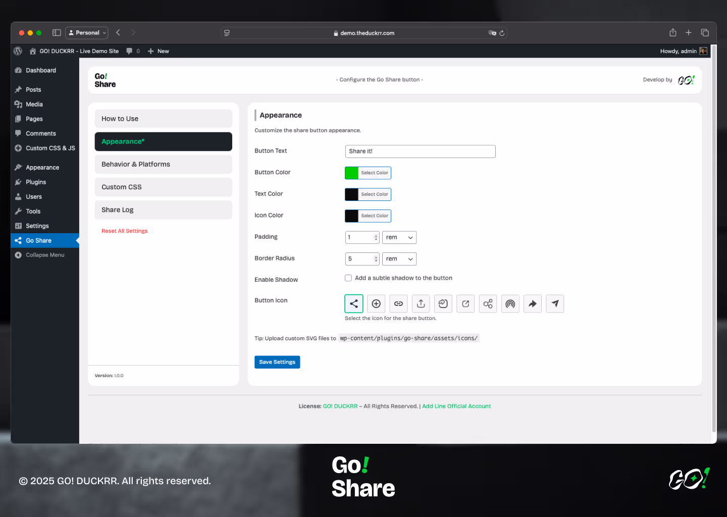 Apperance setting for go share plugin.